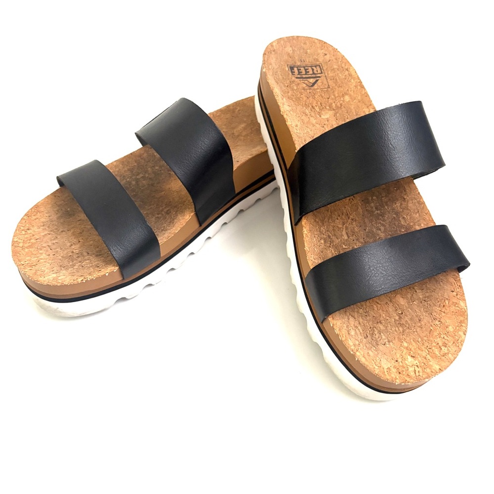 Reef Black Double-Strap Cork Slide Sandals